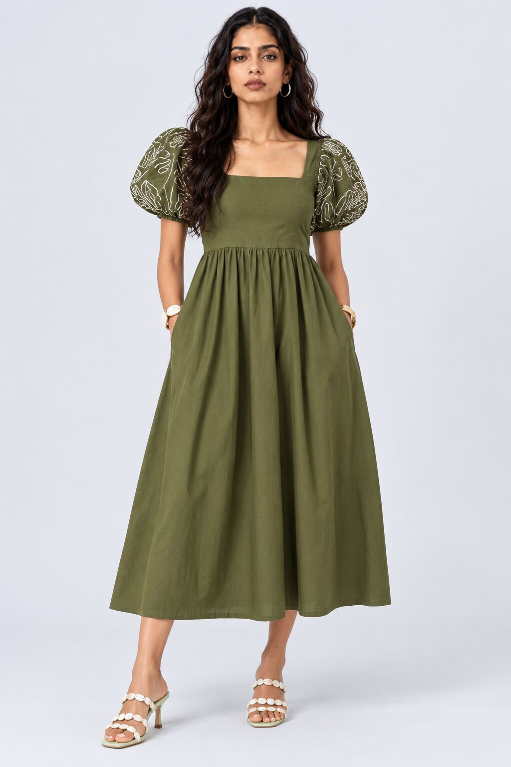 Womens Olive Puff Sleeve Embroidered Midi Dress - Image 2