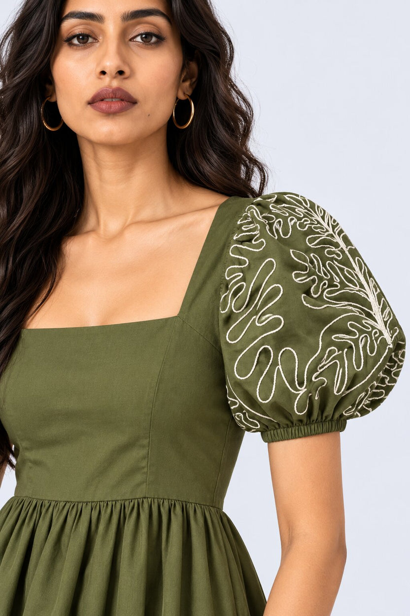 Womens Olive Puff Sleeve Embroidered Midi Dress - Image 3