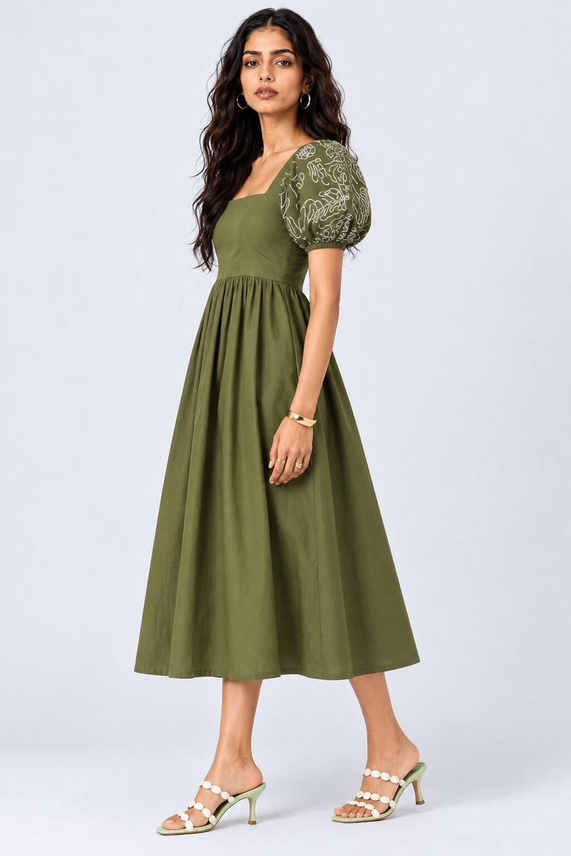 Womens Olive Puff Sleeve Embroidered Midi Dress - Image 4