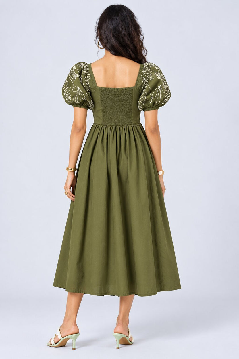 Womens Olive Puff Sleeve Embroidered Midi Dress - Image 5