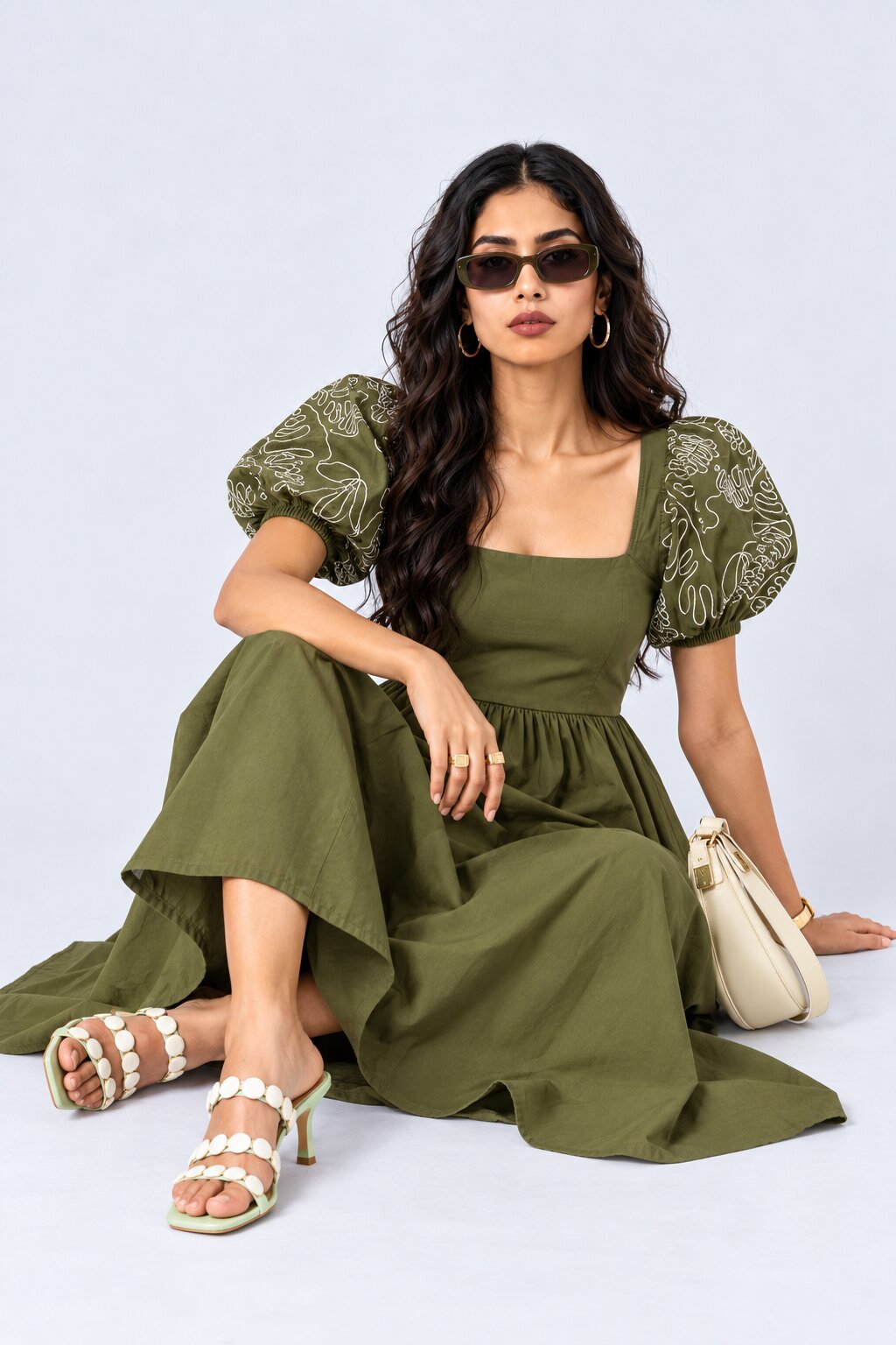 Womens Olive Puff Sleeve Embroidered Midi Dress - Image 6