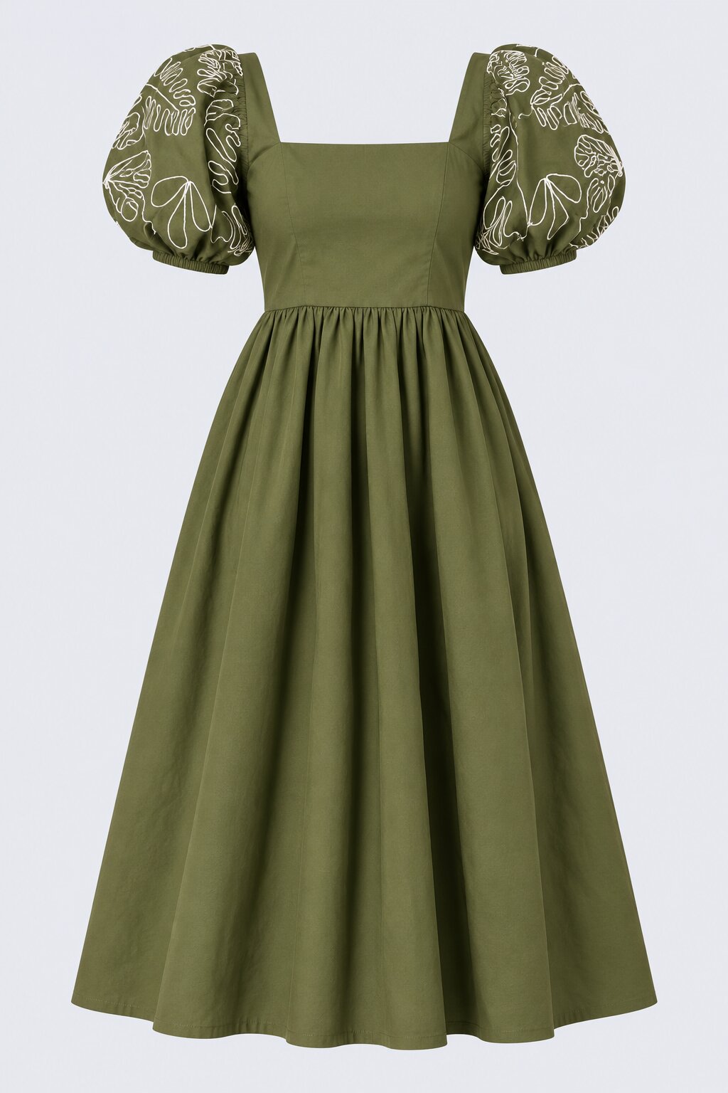 Womens Olive Puff Sleeve Embroidered Midi Dress - Image 7