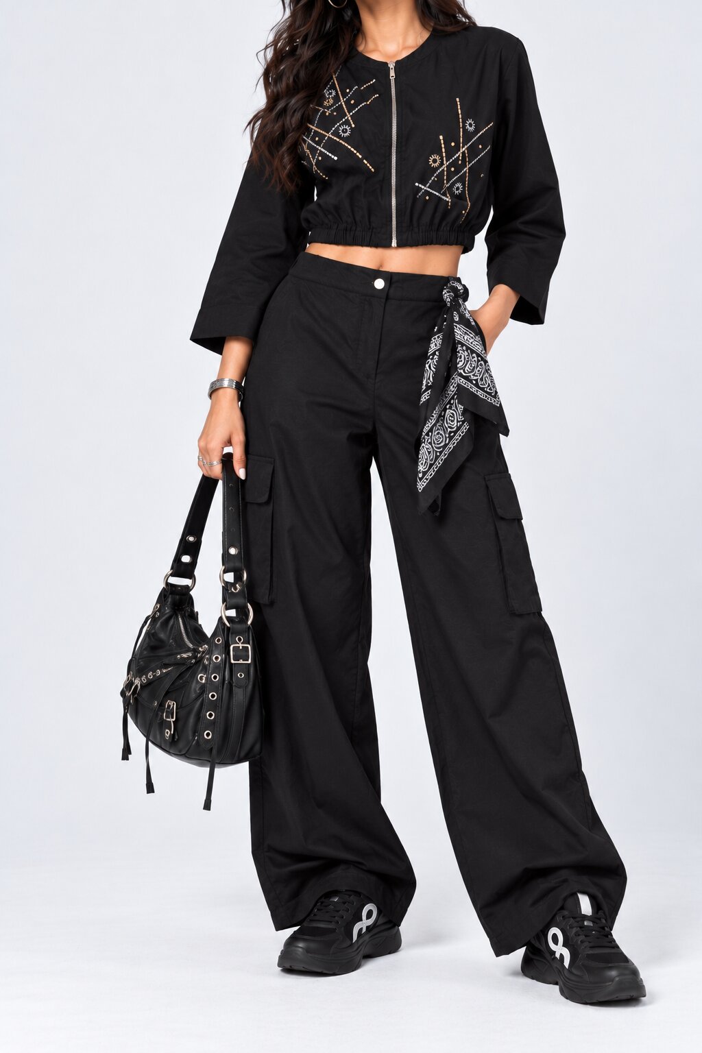 Womens Black Wide Leg Cargo Pant - Image 1