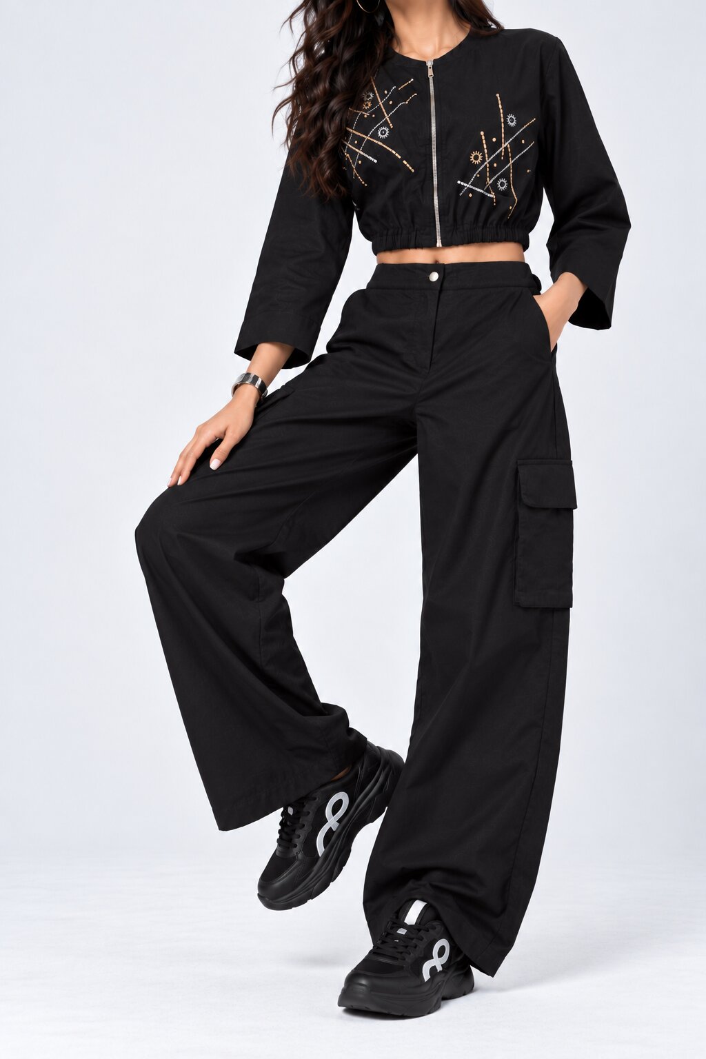 Womens Black Wide Leg Cargo Pant - Image 2