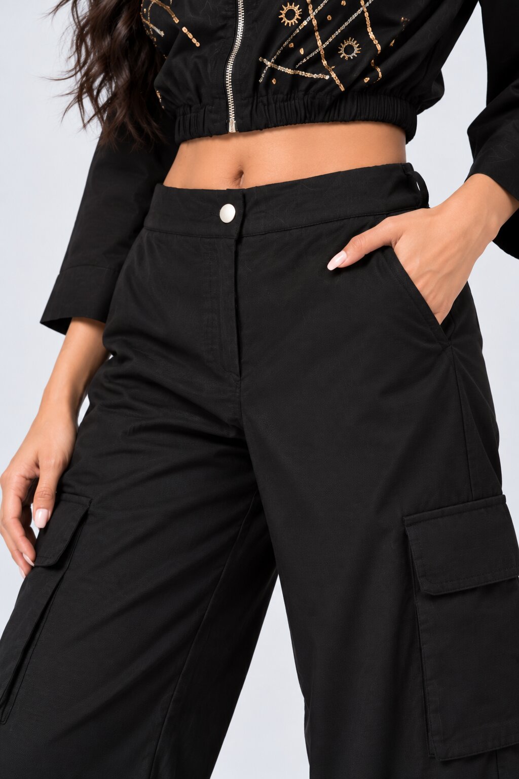 Womens Black Wide Leg Cargo Pant - Image 3