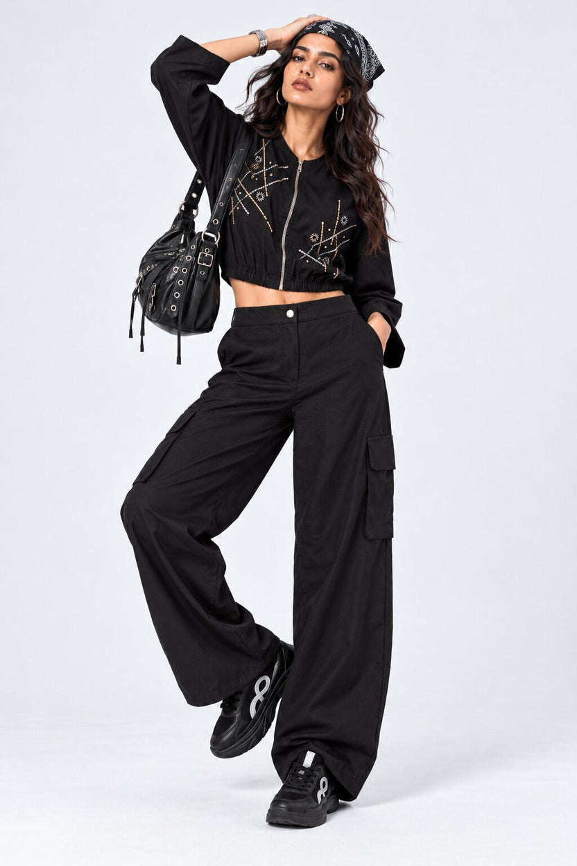 Womens Black Wide Leg Cargo Pant - Image 6