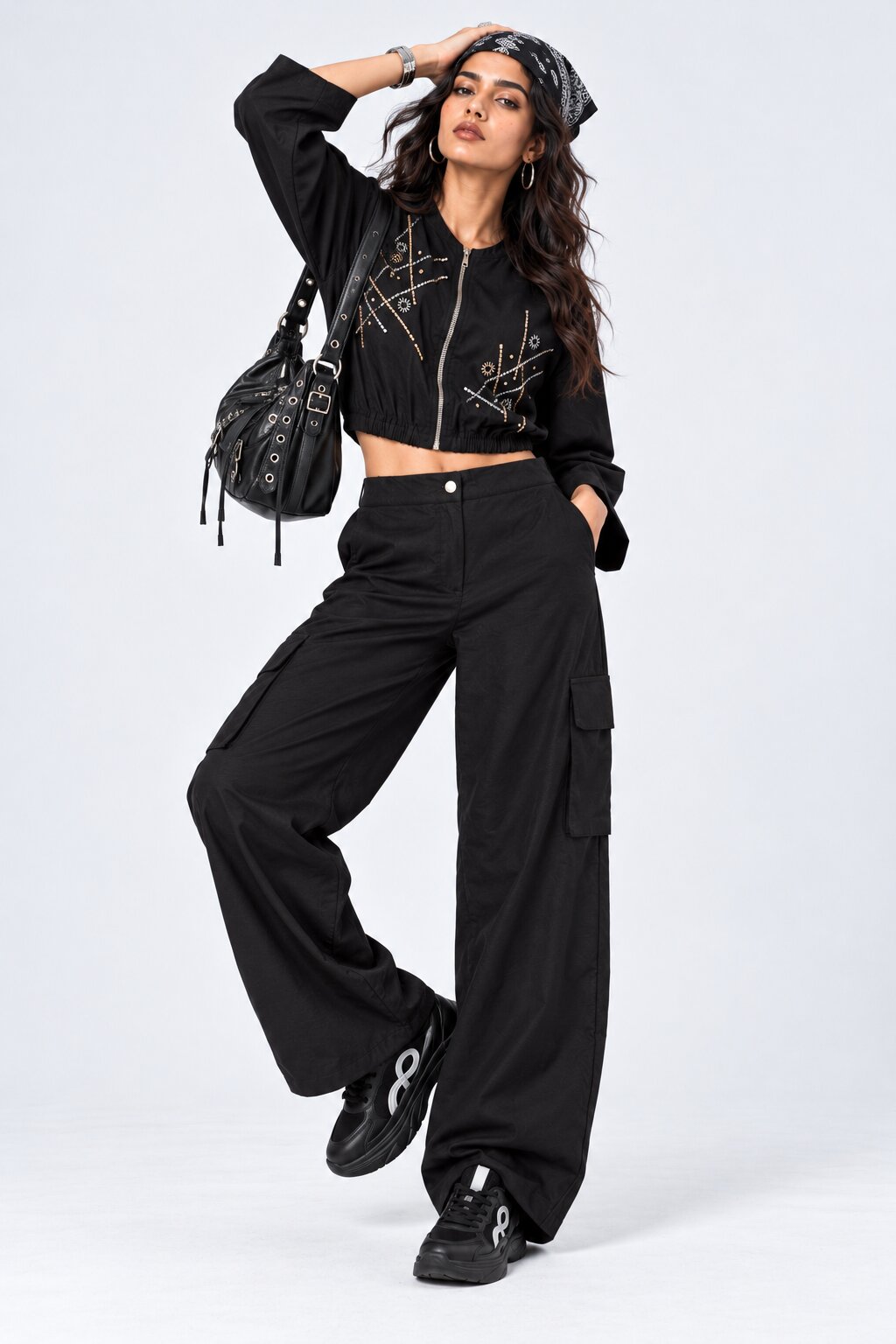 Womens Black Wide Leg Cargo Pant - Image 6
