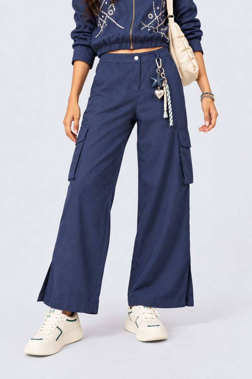 Womens Navy Wide Leg Cargo Pant - Image 1