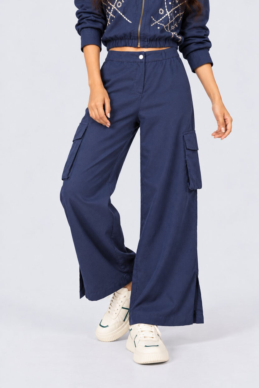 Womens Navy Wide Leg Cargo Pant - Image 2