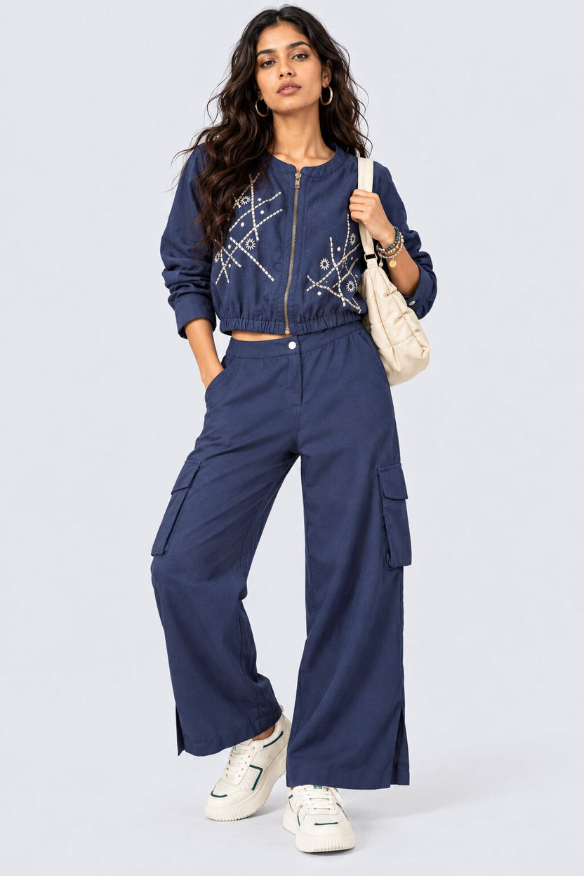 Womens Navy Wide Leg Cargo Pant - Image 6