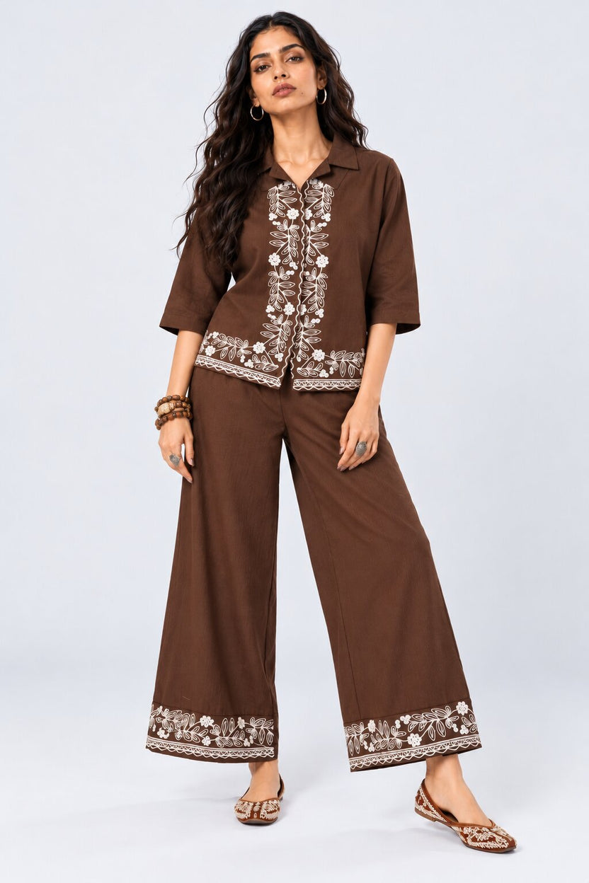 Womens Brown Embroidered Co-Ord Set - Image 2