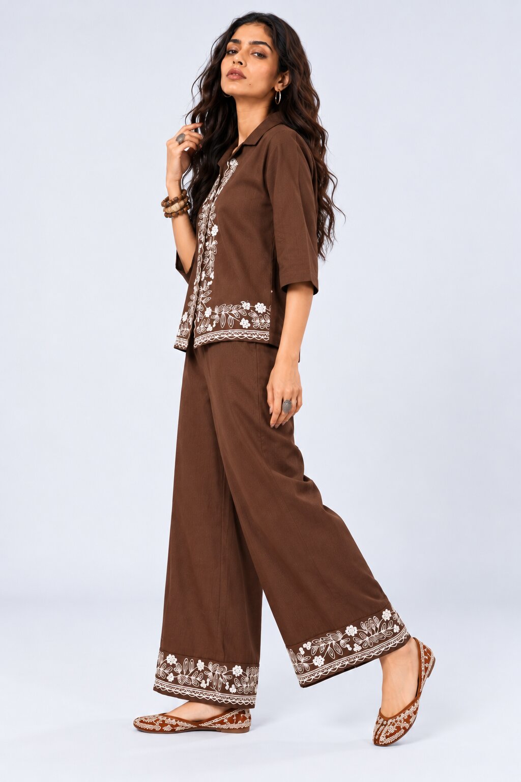 Womens Brown Embroidered Co-Ord Set - Image 4