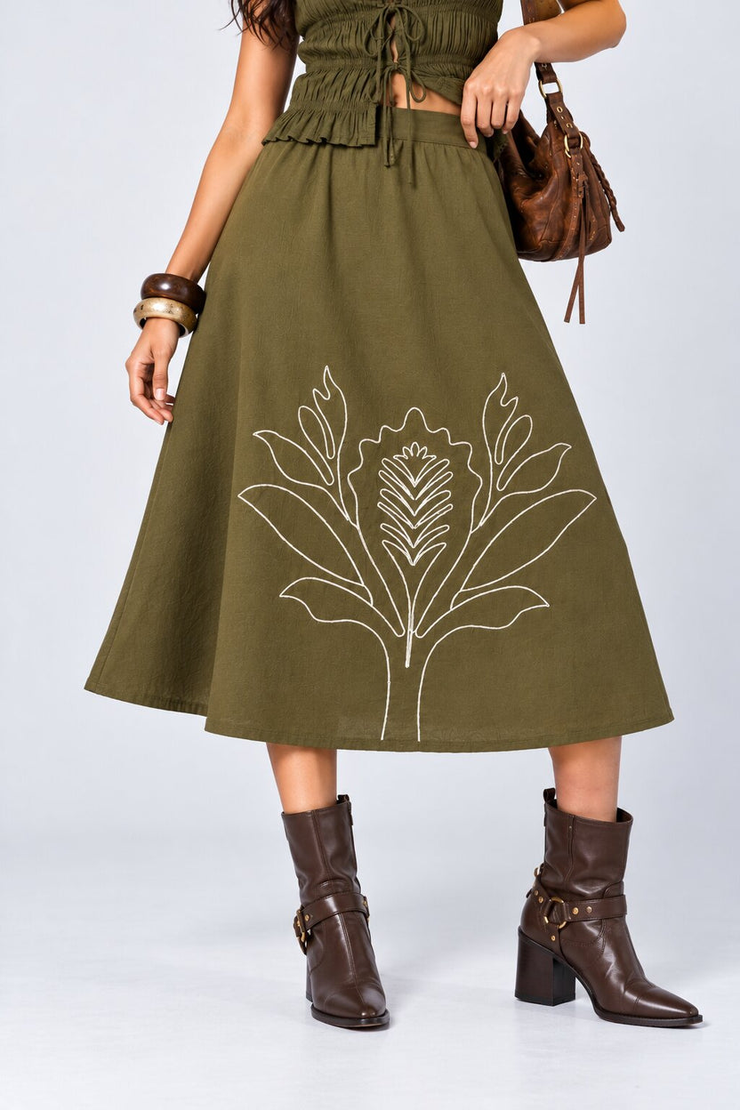 Womens Olive Embroidered A-Line Skirt - Image 1