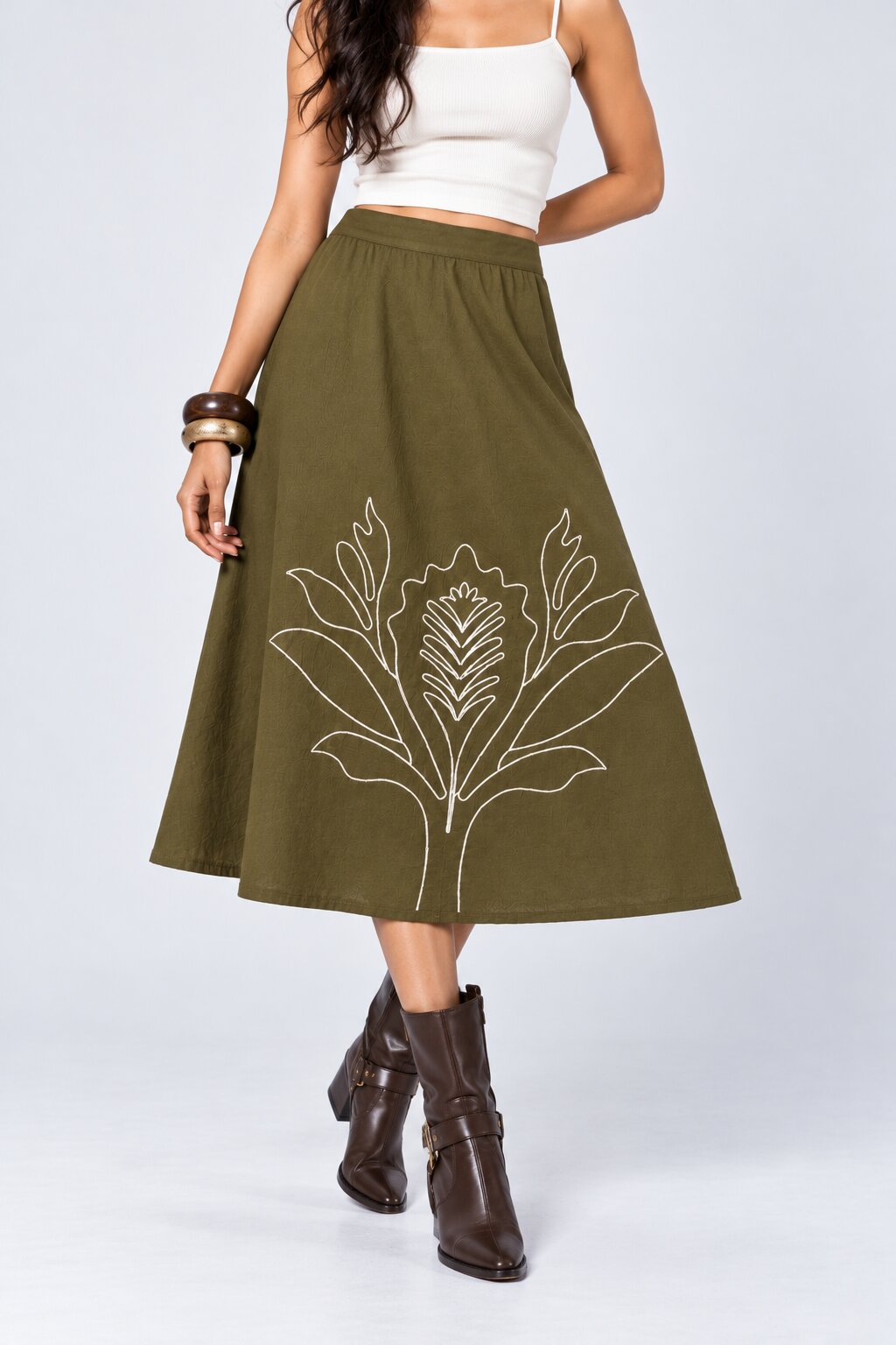 Womens Olive Embroidered A-Line Skirt - Image 2