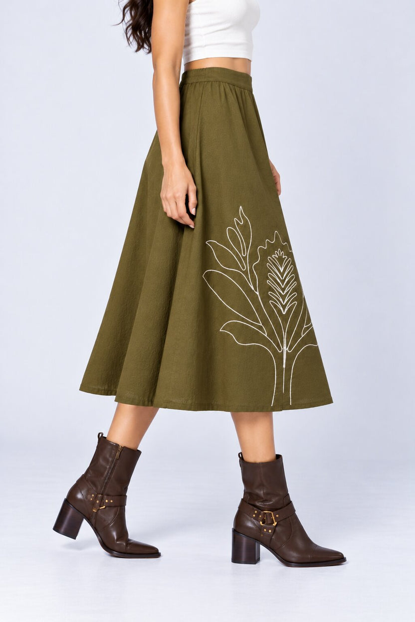Womens Olive Embroidered A-Line Skirt - Image 4