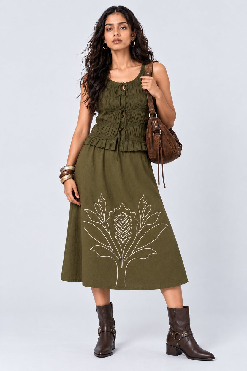 Womens Olive Embroidered A-Line Skirt - Image 6