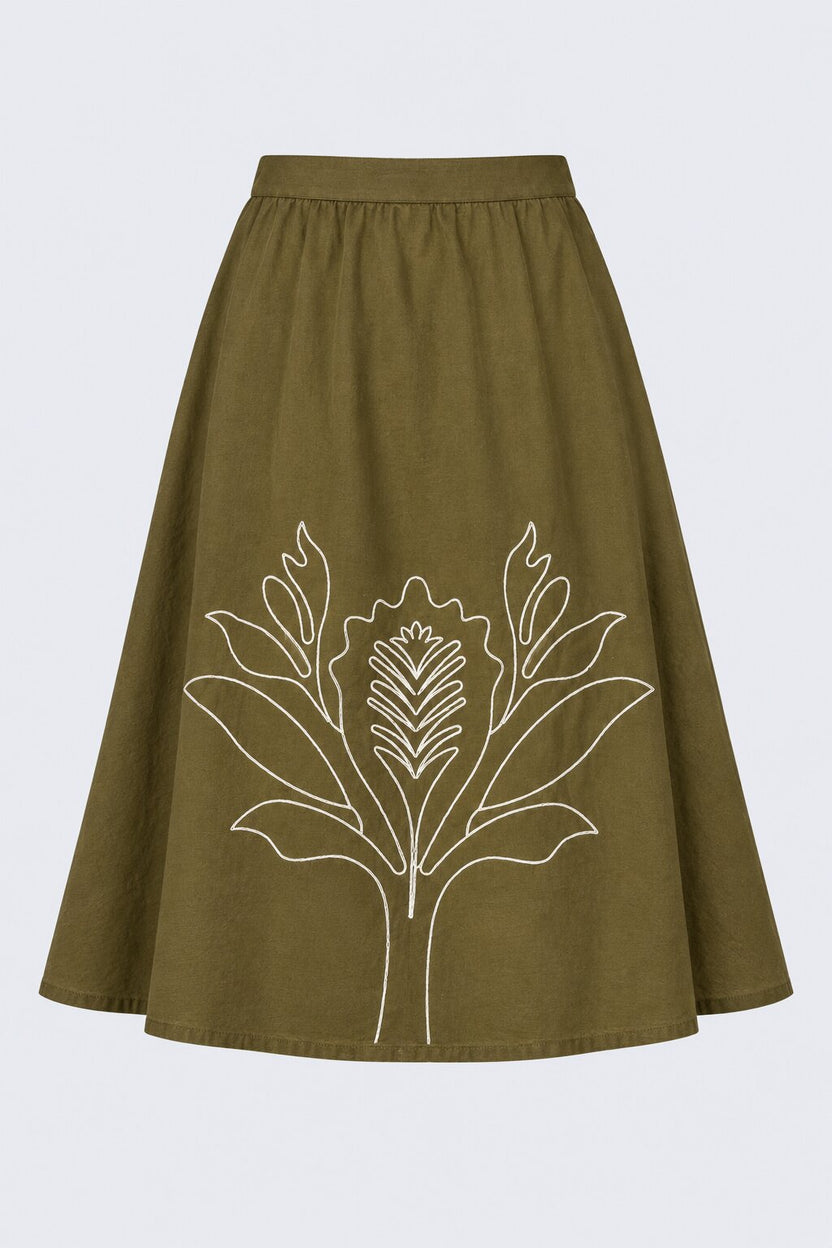 Womens Olive Embroidered A-Line Skirt - Image 7