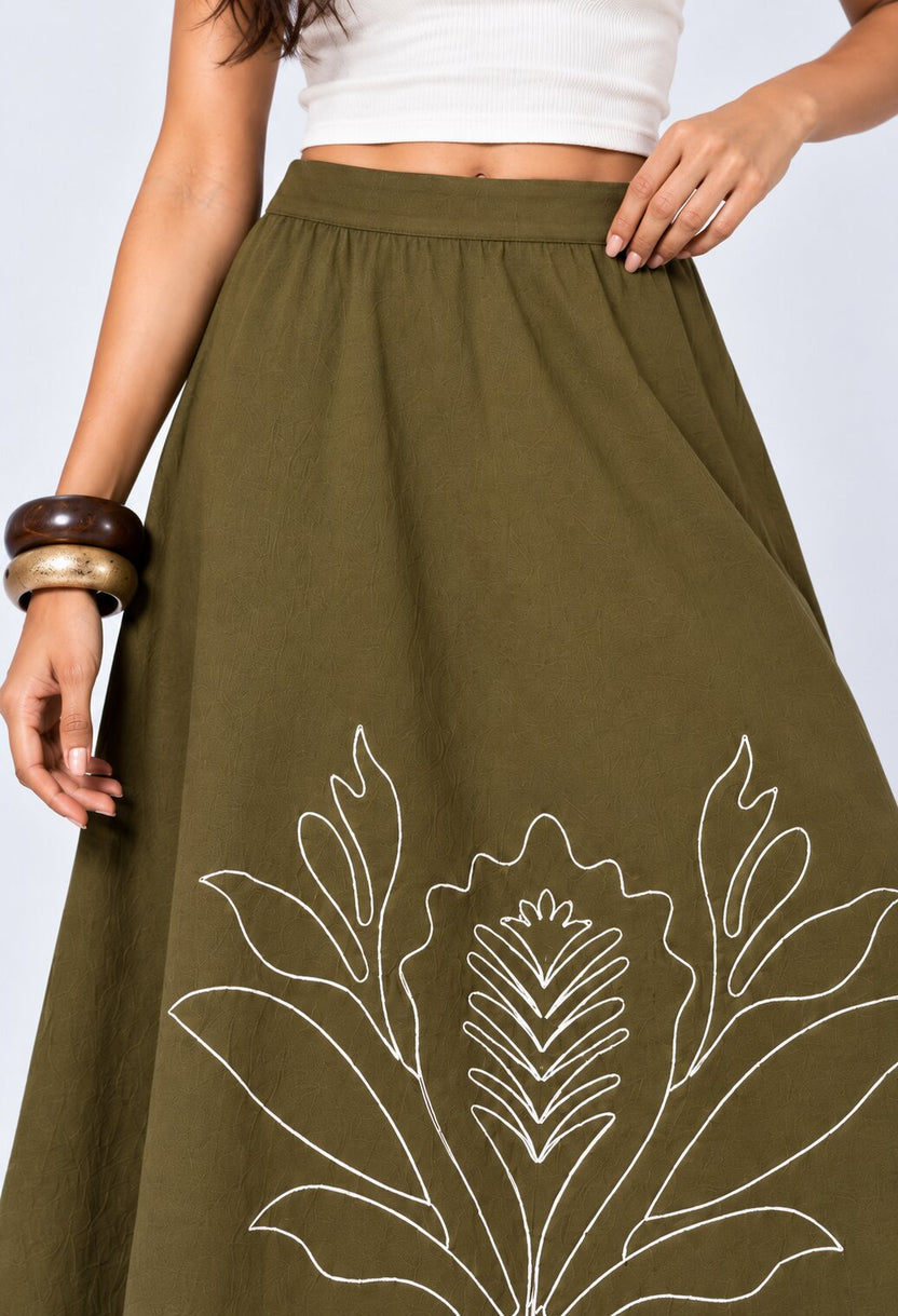 Womens Olive Embroidered A-Line Skirt - Image 8