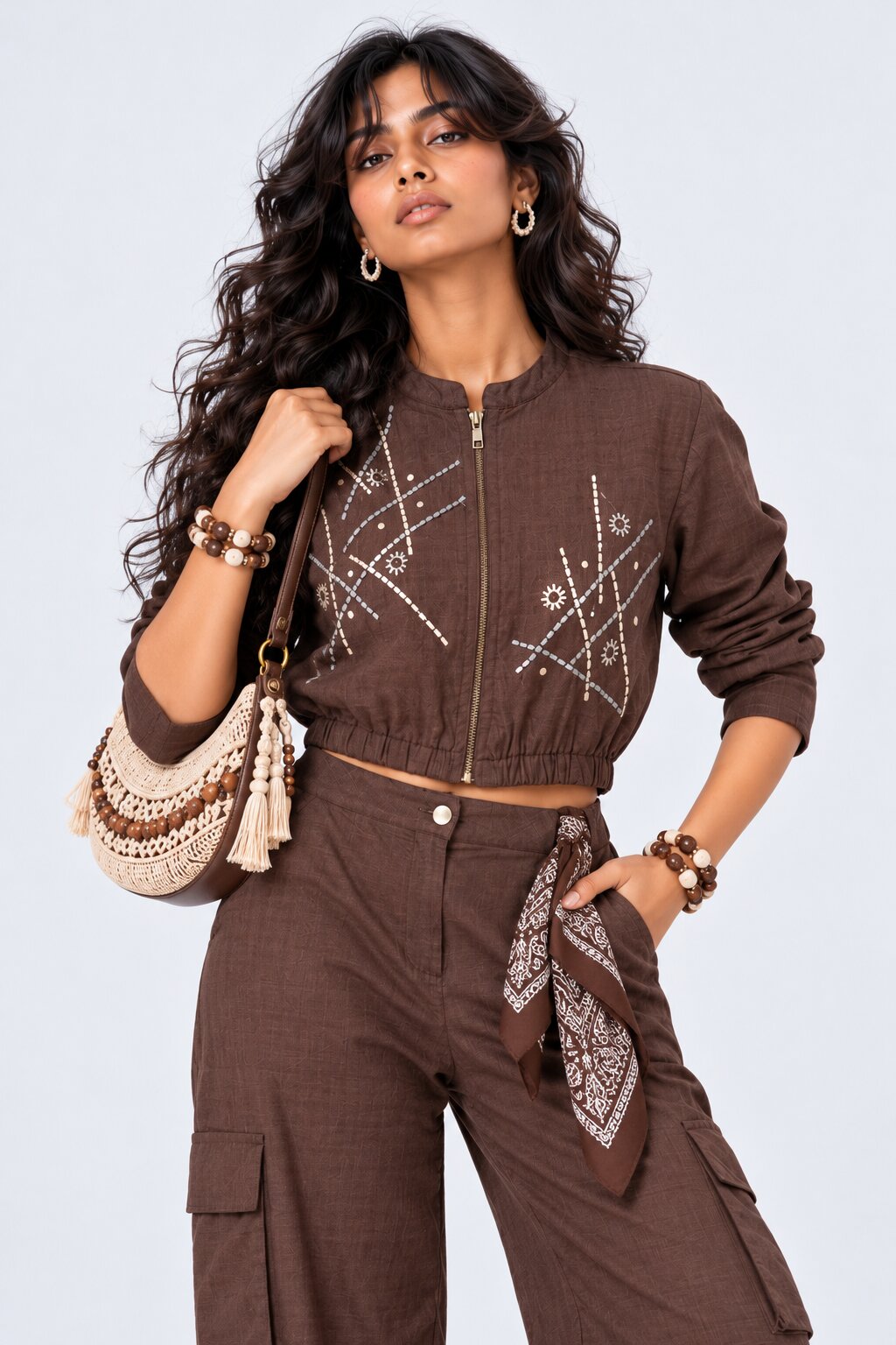 Brown Embroidered Cropped Cotton Blend Jacket - Image 1