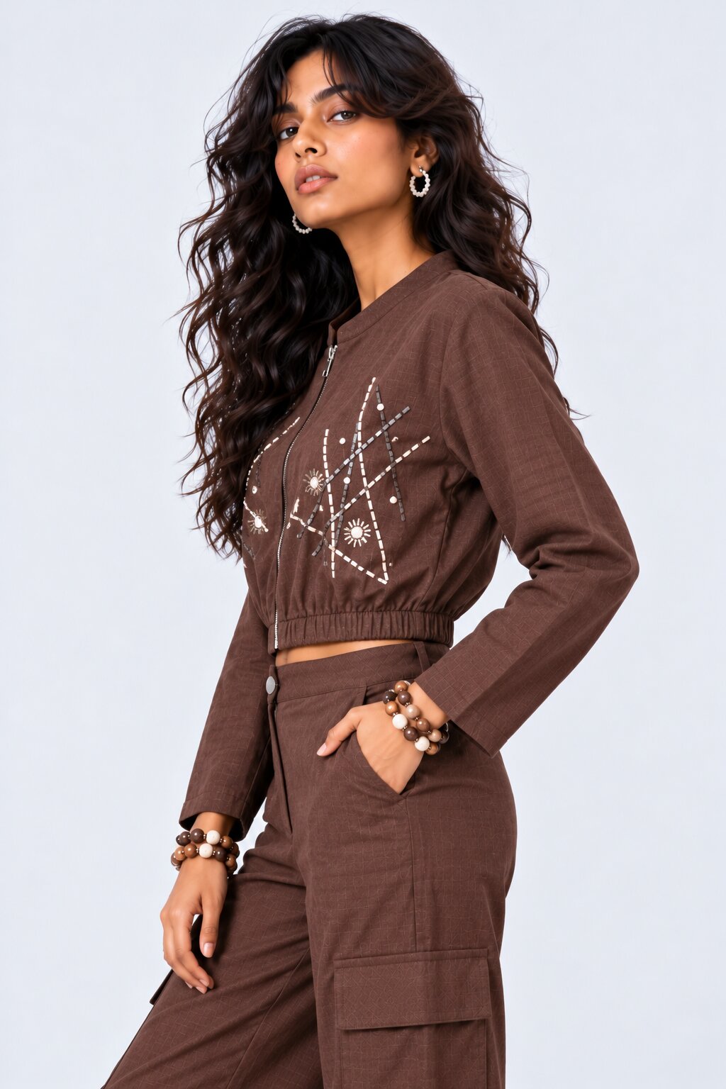 Brown Embroidered Cropped Cotton Blend Jacket - Image 4
