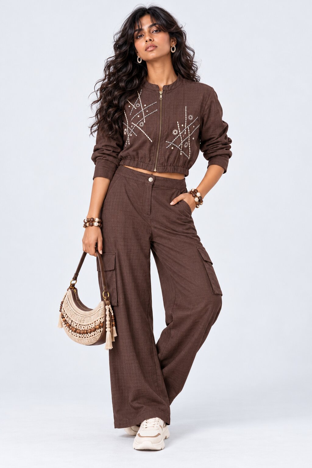 Brown Embroidered Cropped Cotton Blend Jacket - Image 6