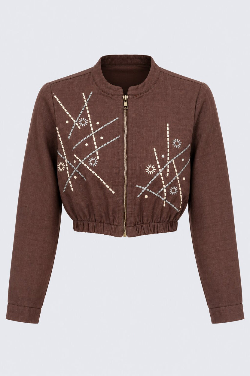 Brown Embroidered Cropped Cotton Blend Jacket - Image 7