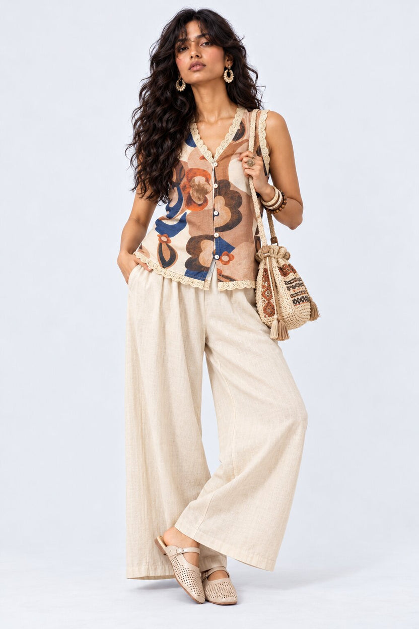 Brown Floral Print Lace Trim Top - Image 5