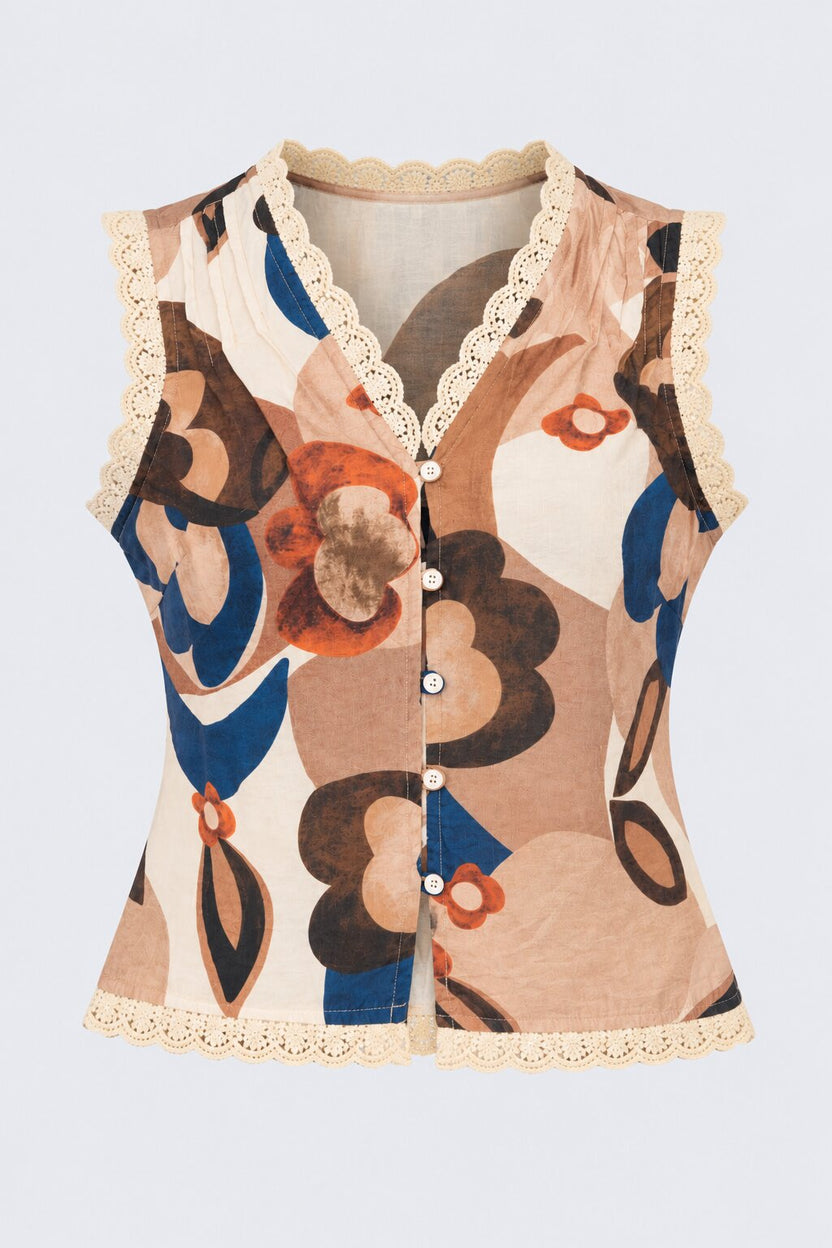 Brown Floral Print Lace Trim Top - Image 6