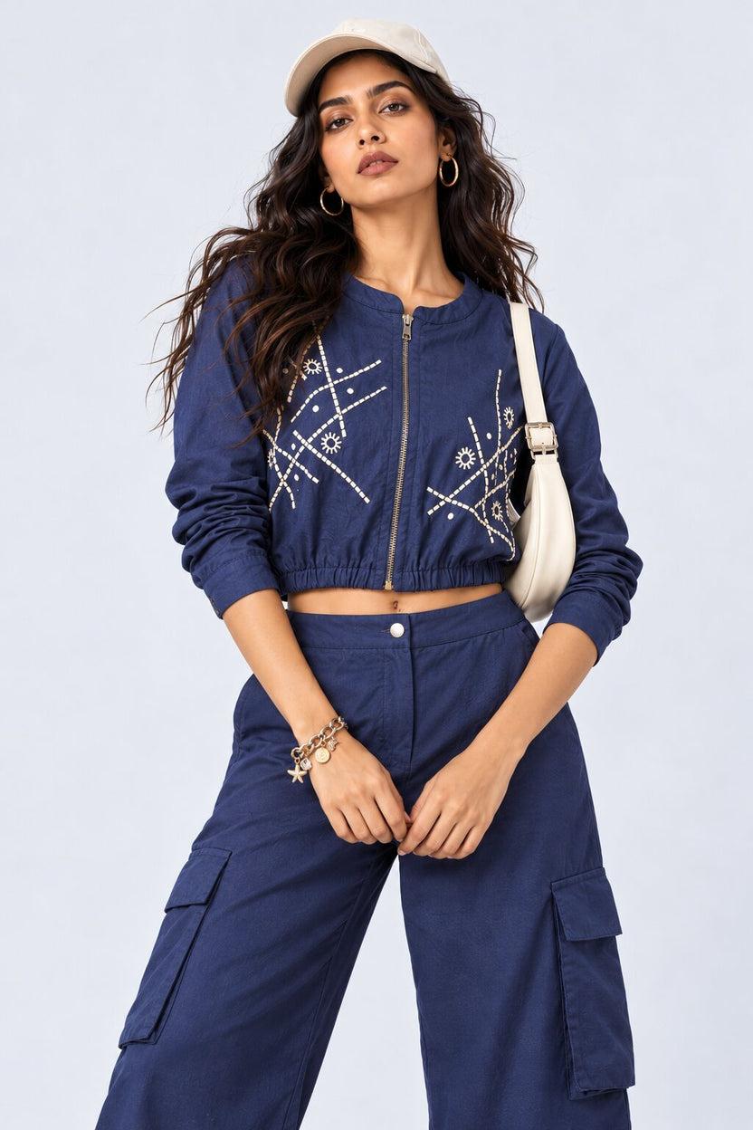 Blue Embroidered Cropped Cotton Blend Jacket - Image 1