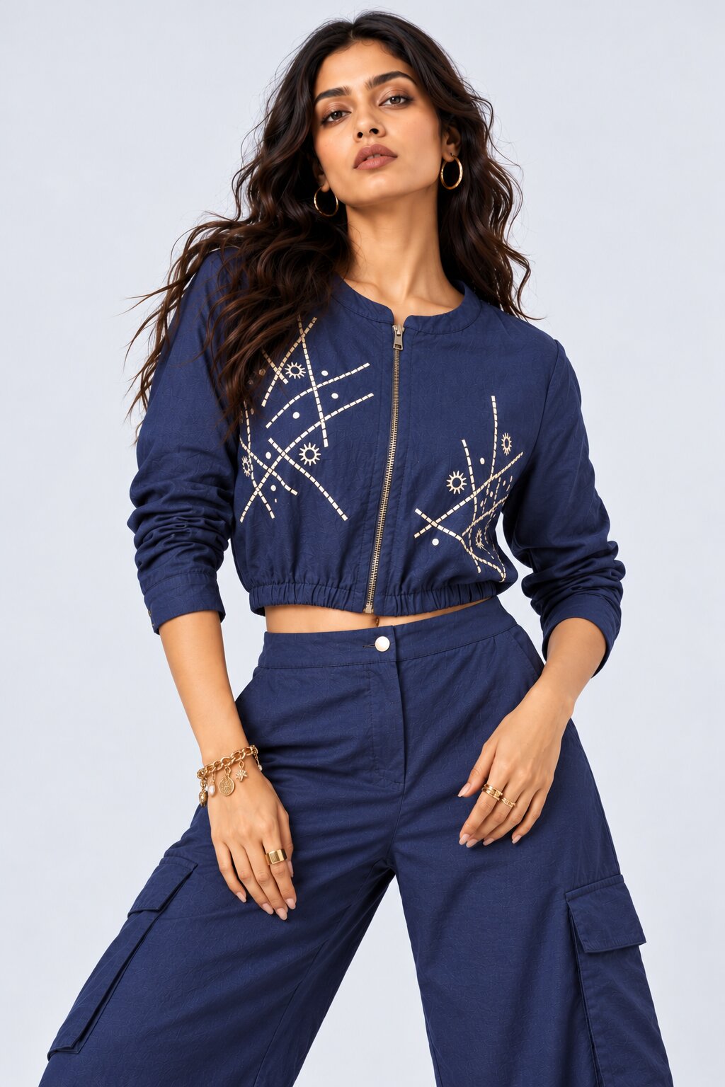Blue Embroidered Cropped Cotton Blend Jacket - Image 2