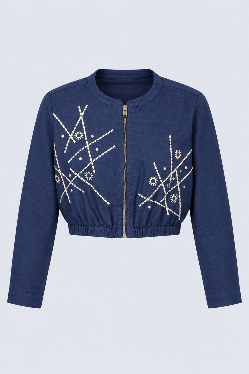 Blue Embroidered Cropped Cotton Blend Jacket - Image 7