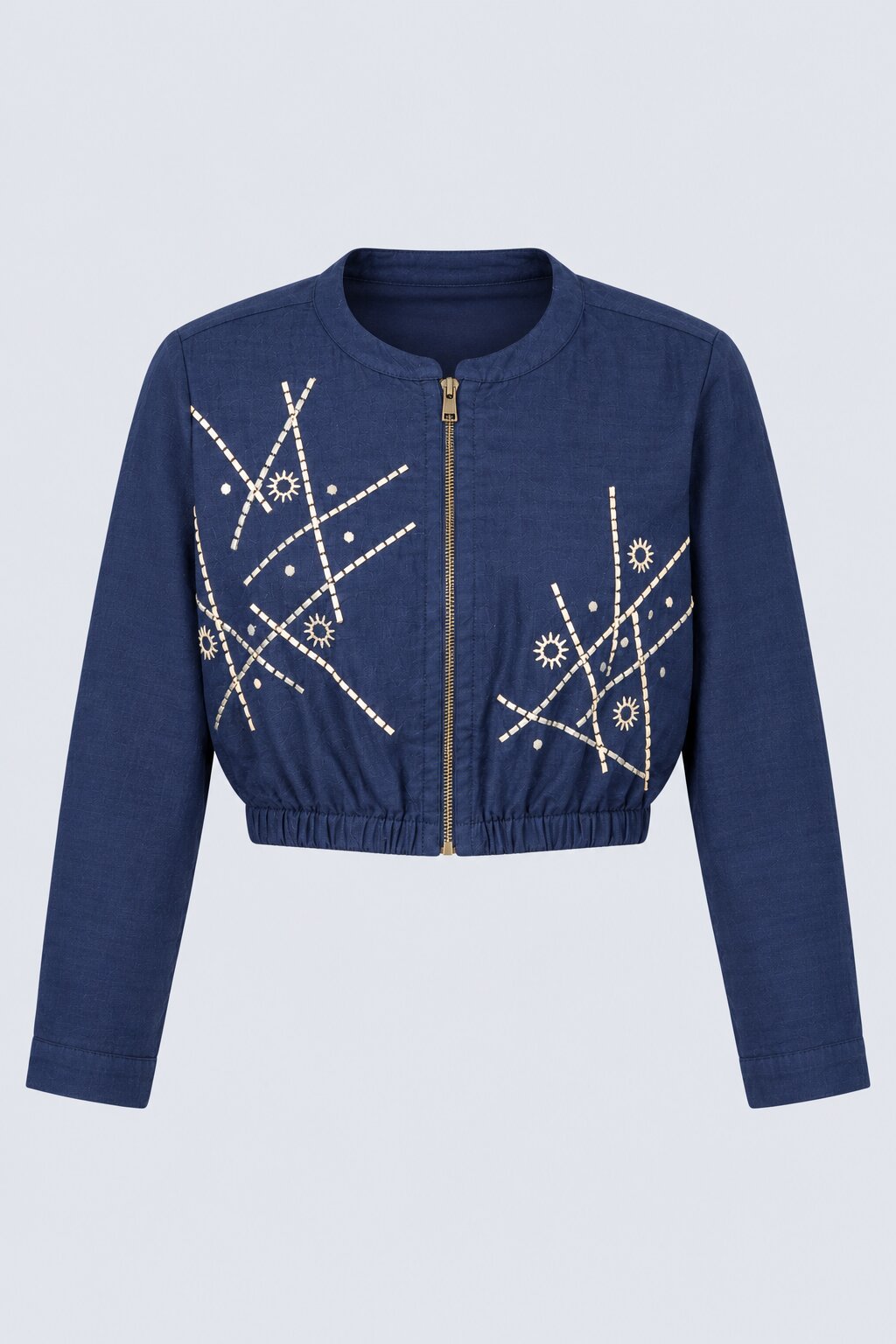 Blue Embroidered Cropped Cotton Blend Jacket - Image 7