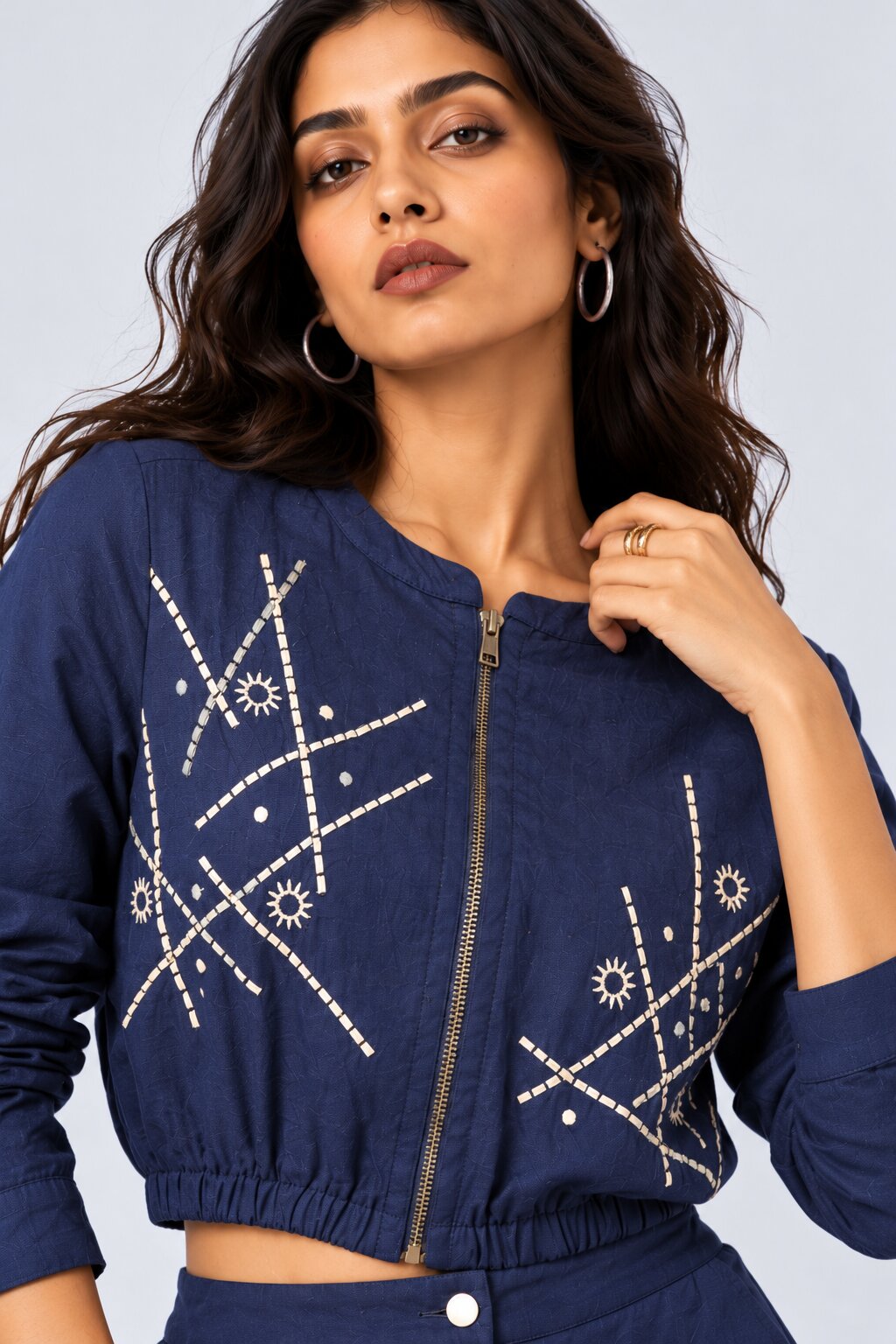 Blue Embroidered Cropped Cotton Blend Jacket - Image 9