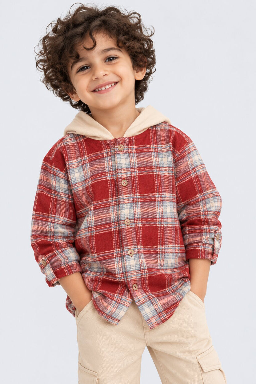 Boys Red Checked Hooded Flannel Shirt - Image 1