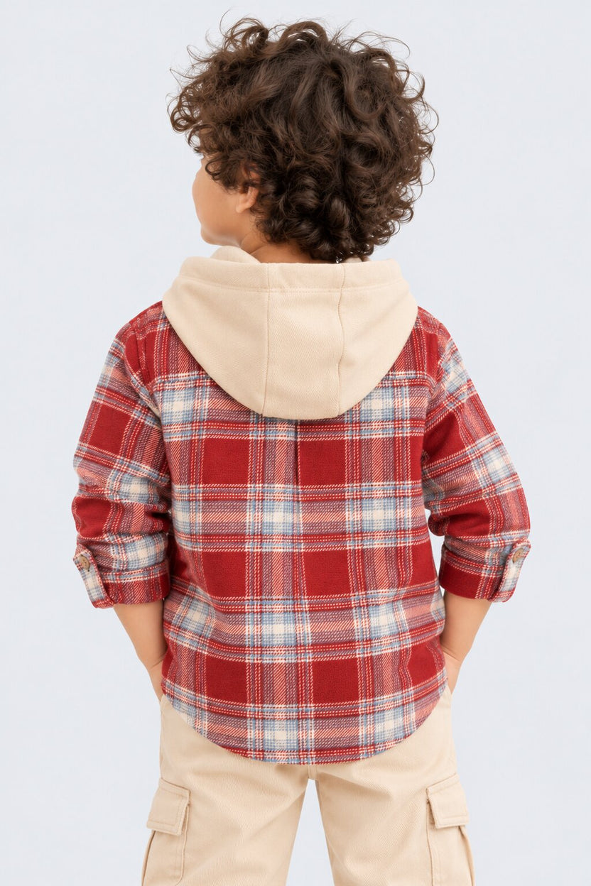 Boys Red Checked Hooded Flannel Shirt - Image 3