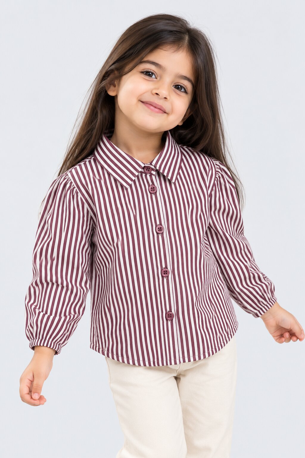 Womens Wine Striped Puff Sleeve Shirt - Image 1