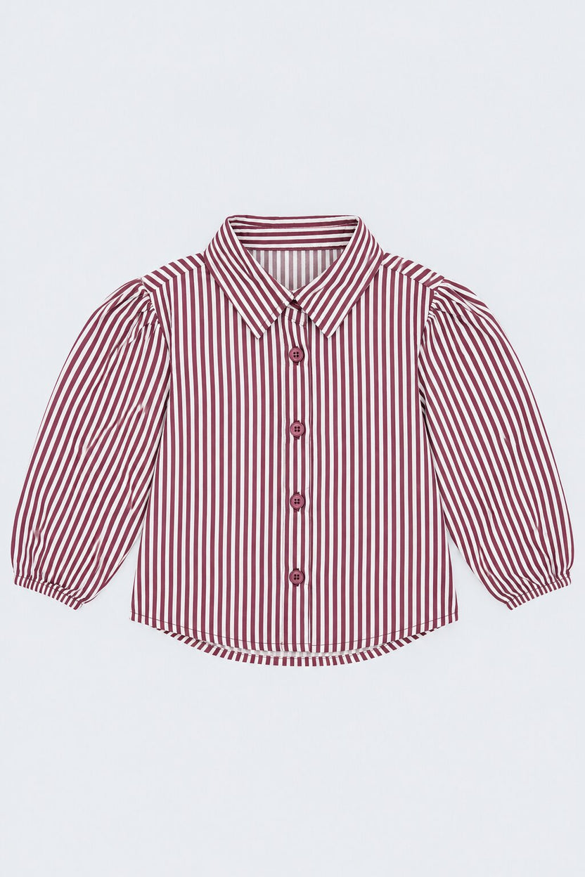 Womens Wine Striped Puff Sleeve Shirt - Image 2