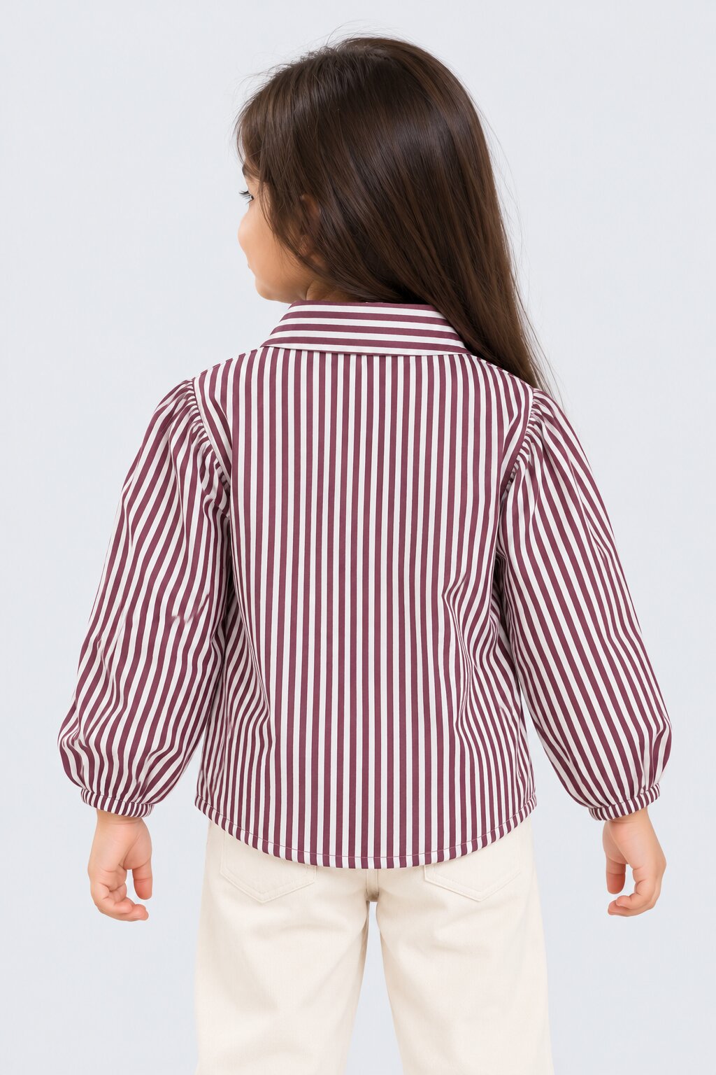 Womens Wine Striped Puff Sleeve Shirt - Image 3