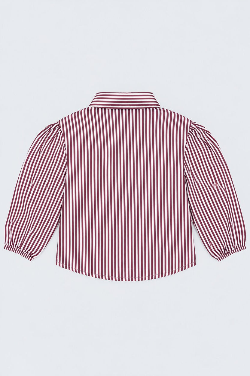 Womens Wine Striped Puff Sleeve Shirt - Image 4