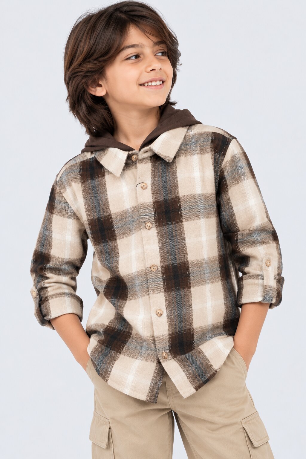 Tweens Boys Brown Checked Hooded Flannel Shirt - Image 1