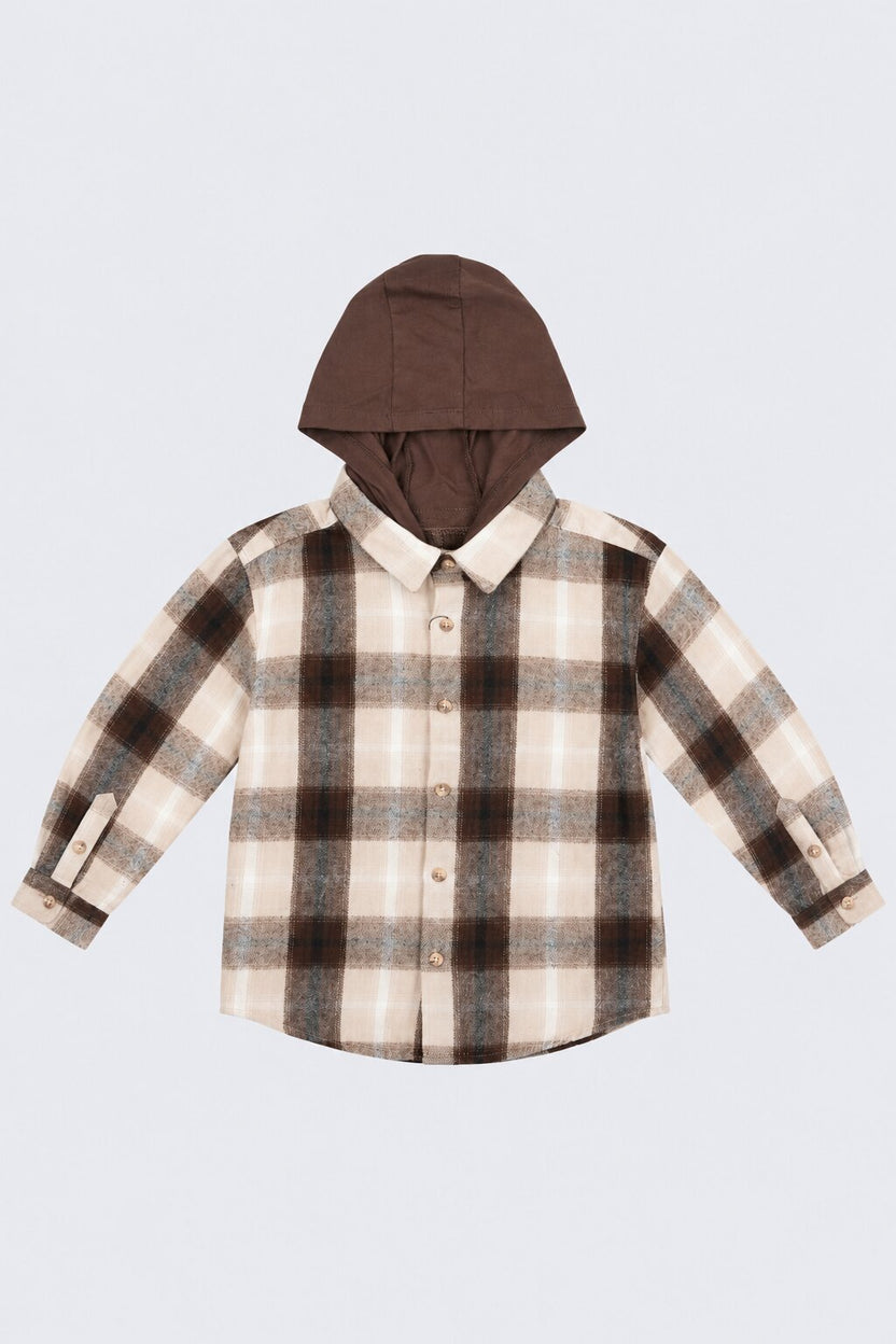 Tweens Boys Brown Checked Hooded Flannel Shirt - Image 2
