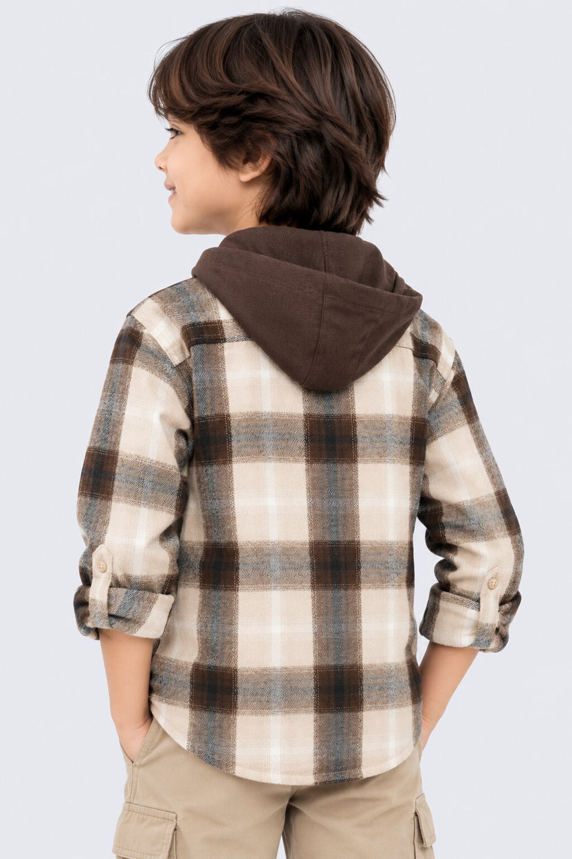 Tweens Boys Brown Checked Hooded Flannel Shirt - Image 3