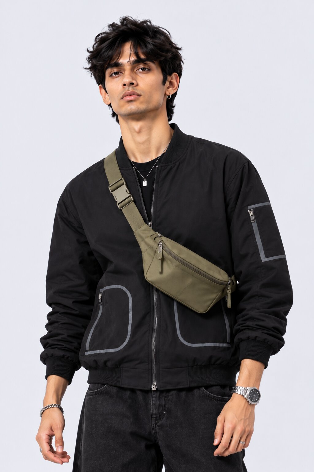 Mens Black Zip-Up Bomber Jacket - Image 1