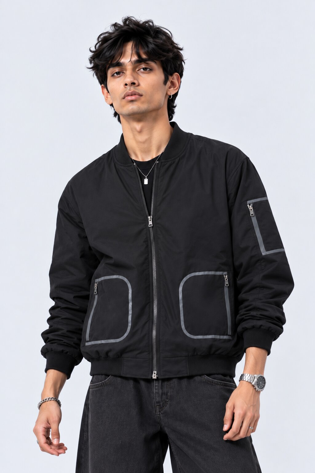 Mens Black Zip-Up Bomber Jacket - Image 2