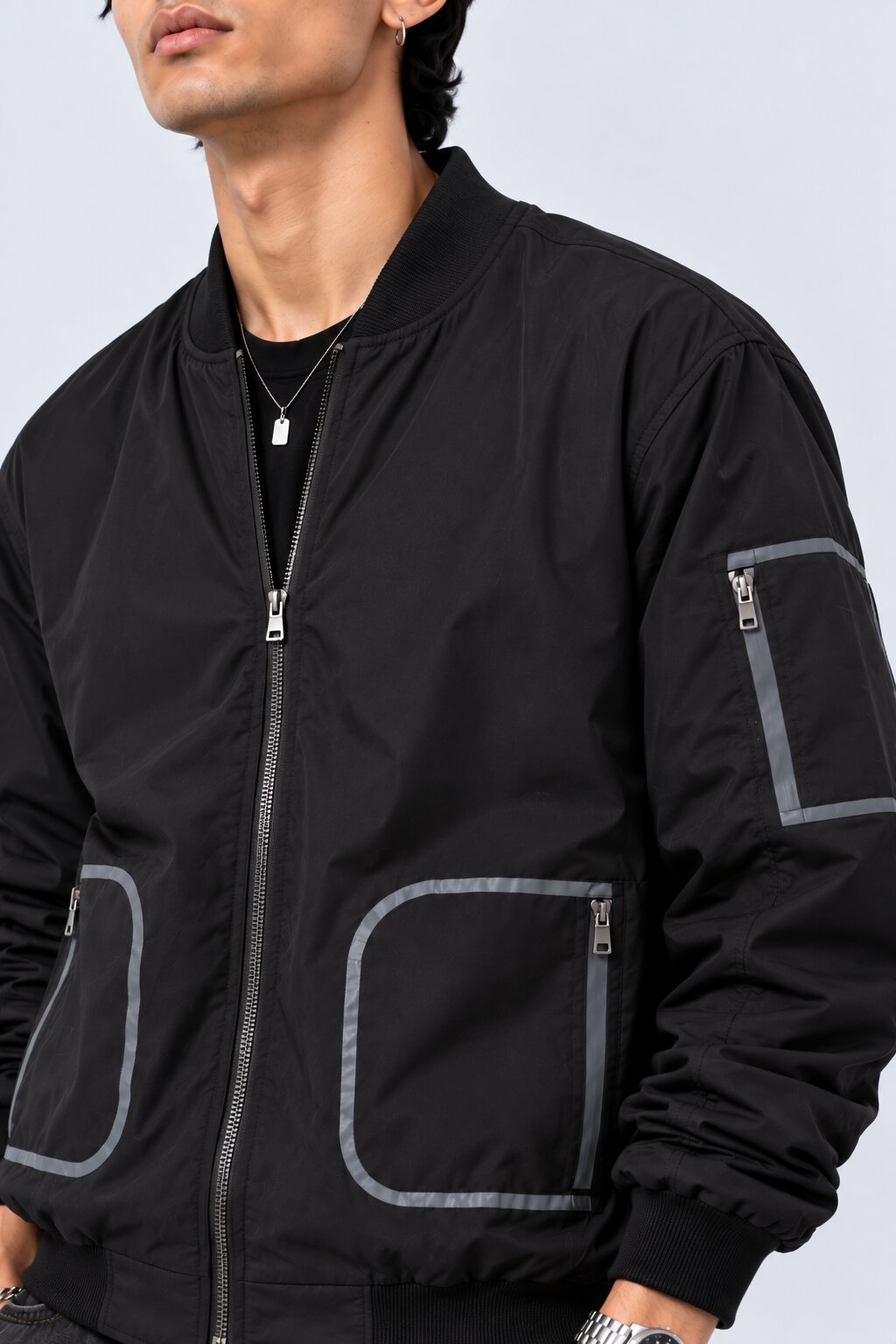 Mens Black Zip-Up Bomber Jacket - Image 3
