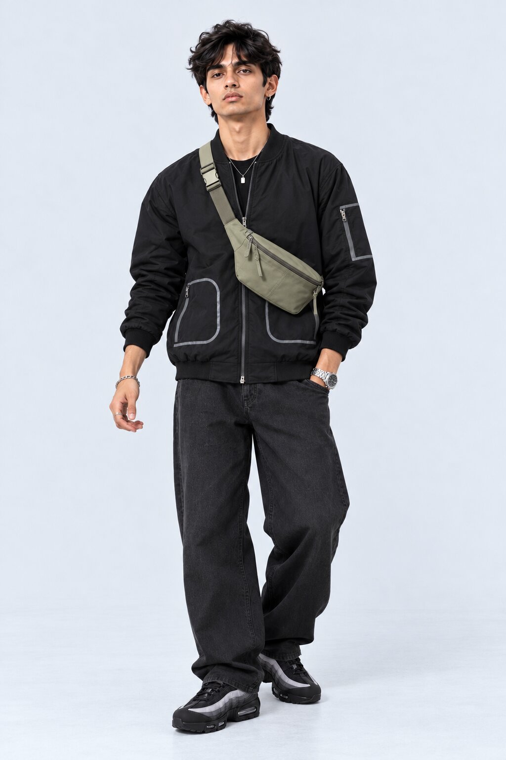 Mens Black Zip-Up Bomber Jacket - Image 6