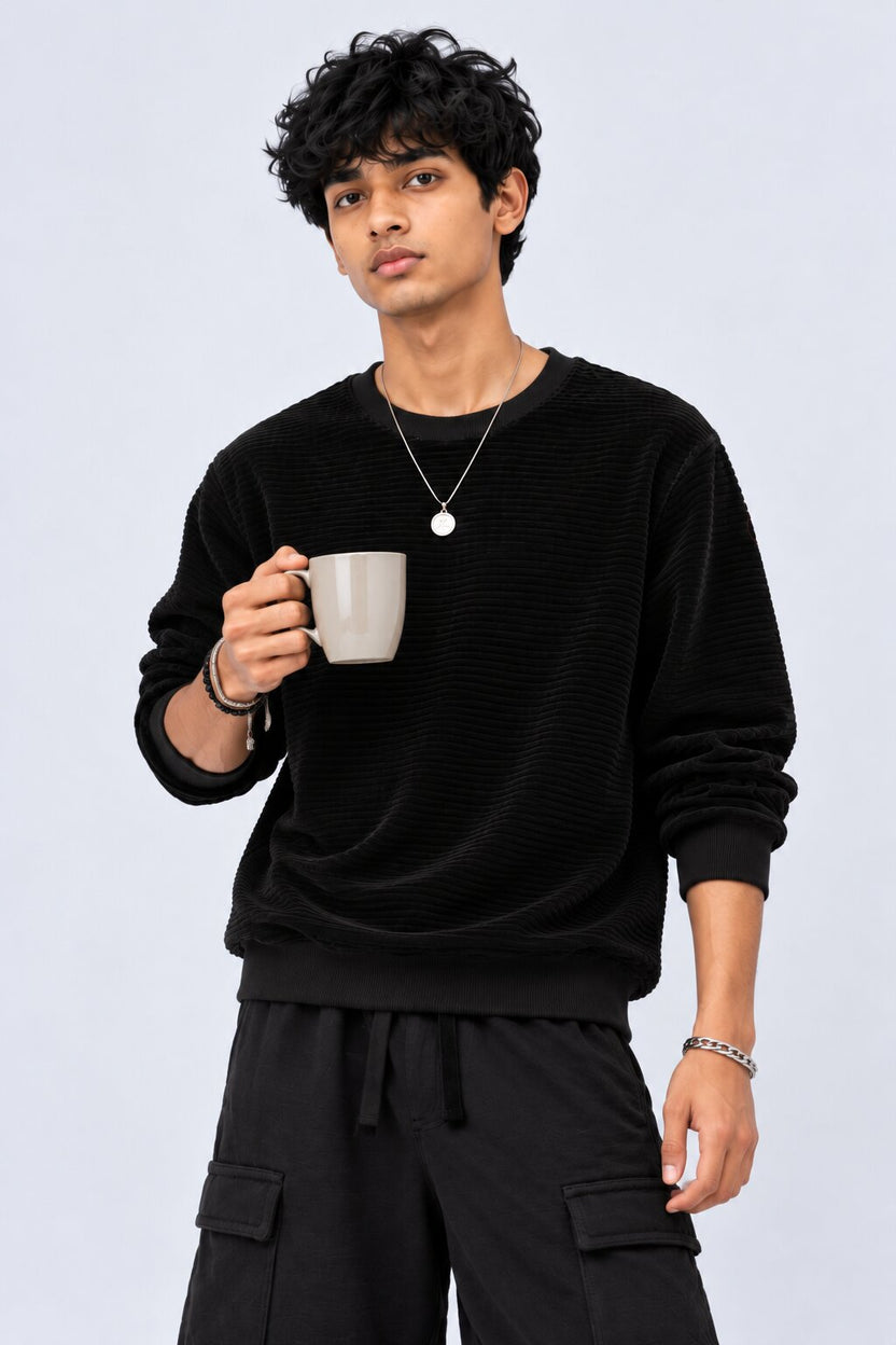 Mens Black Textured Crew Neck Sweatshirt - Image 1