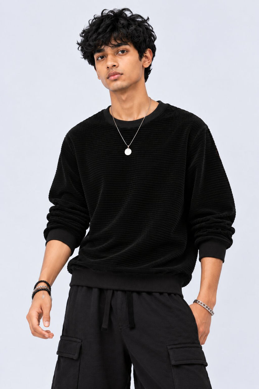 Mens Black Textured Crew Neck Sweatshirt - Image 2
