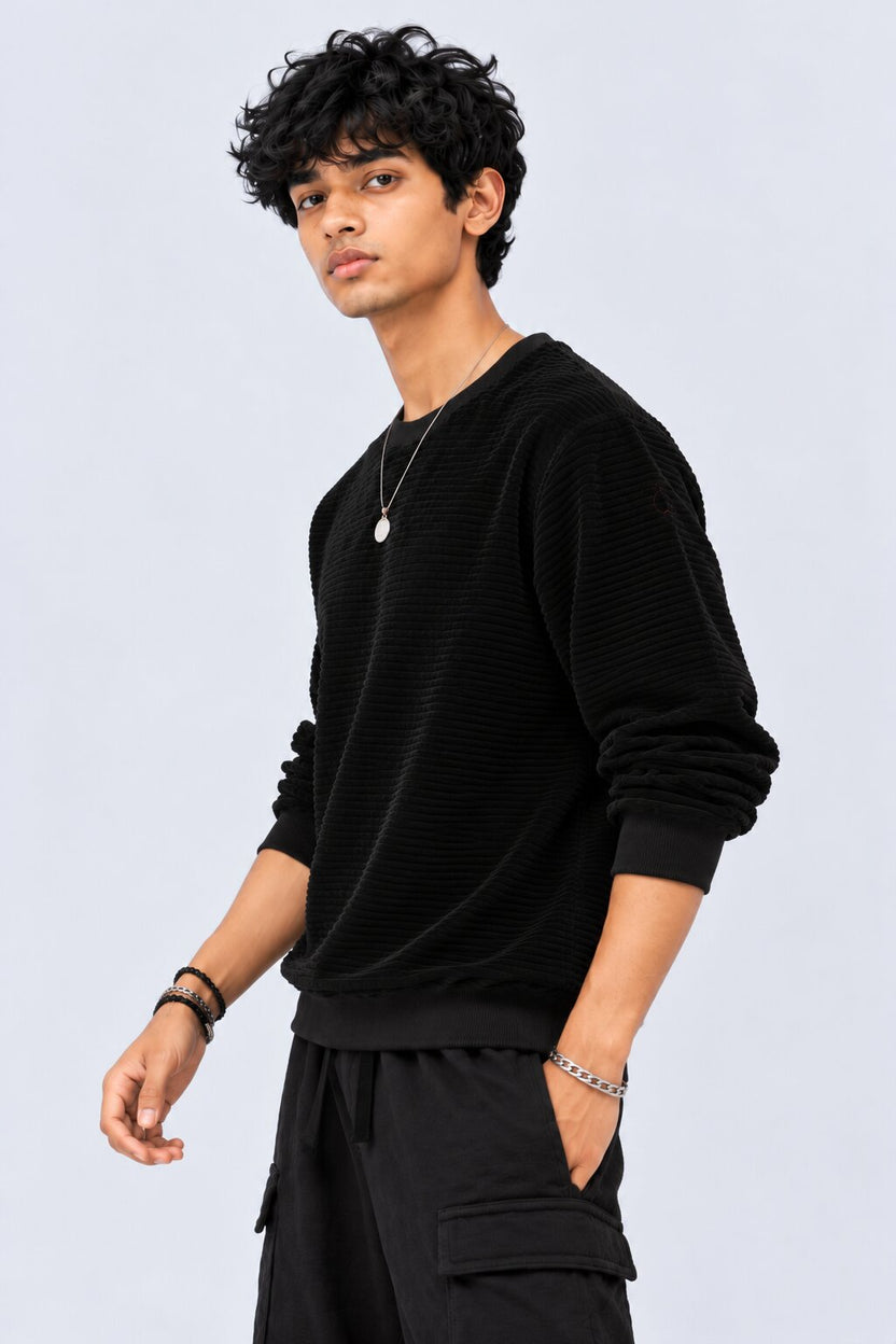 Mens Black Textured Crew Neck Sweatshirt - Image 4