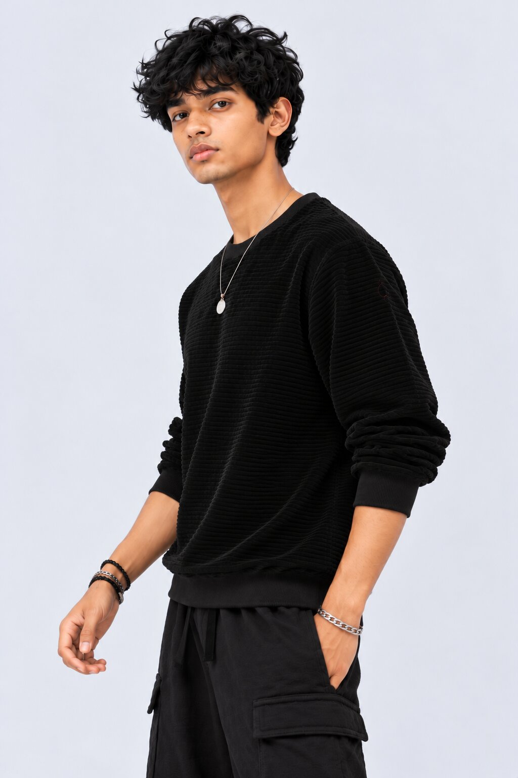 Mens Black Textured Crew Neck Sweatshirt - Image 4